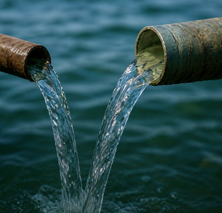 Pipes discharging water into a lakeside drainage area.