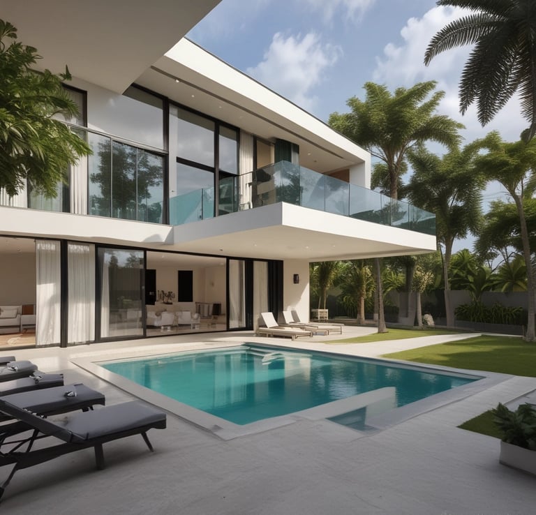 An elegant villa with a swimming pool.