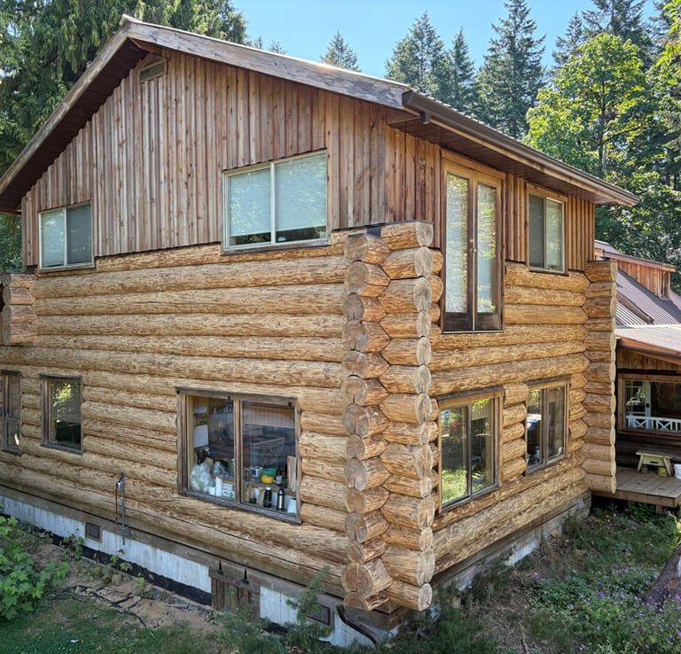 Log home in Courtenay on Vancouver Island being restored by Embassy Restorations 