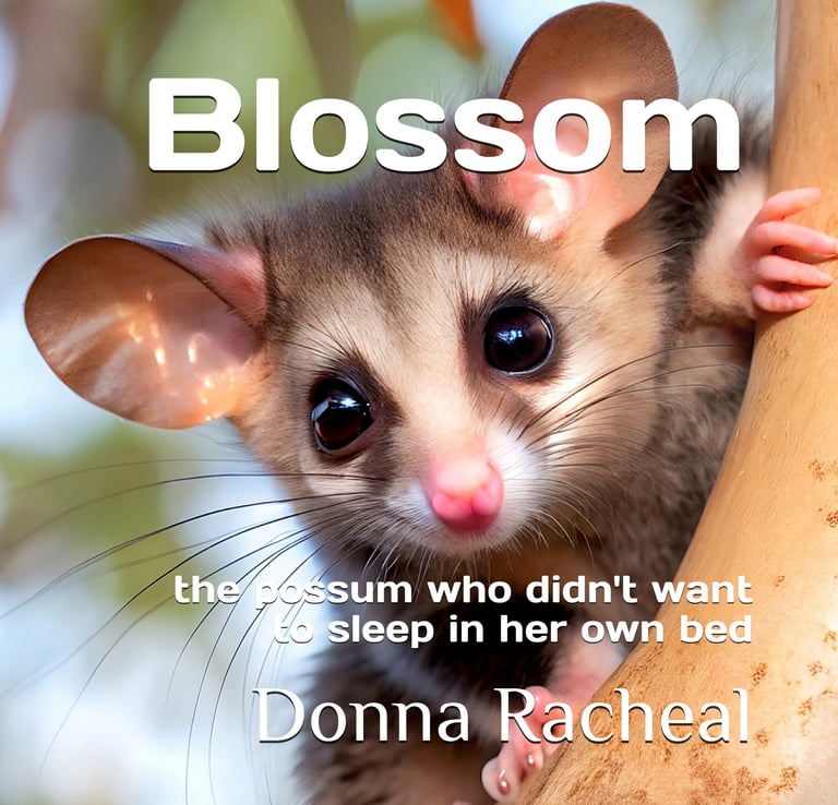 A cute possum with large eyes on a tree, featured on a book cover by Donna Racheal.