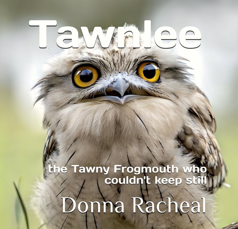 A fluffy Tawny Frogmouth bird with large orange eyes on a children's book cover titled Tawnlee.