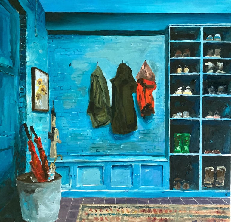 a painting of a blue room with a coat rack and a rug and riffle