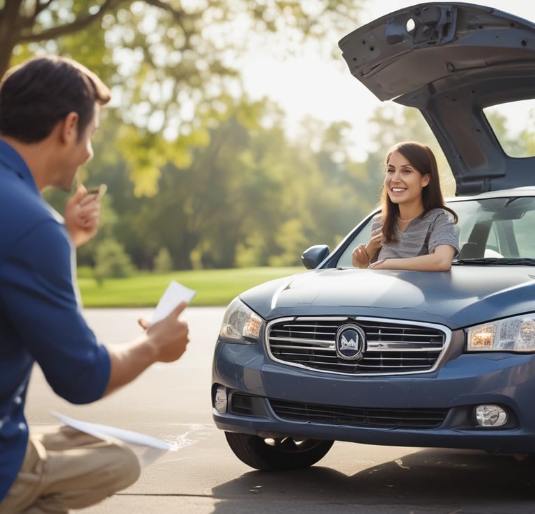 A small red car is parked on a brick-paved area near a road. The car has a license plate reading '302-6413' and black, five-spoke wheels. In the background, there is a service station with signs for 'xpress lube' and 'Havoline', along with trees and vegetation visible in the vicinity.
