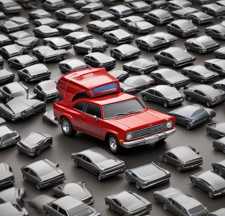 A red BMW car is parked near a roadside with a 'Dollar' shop sign in the background. The shop sign shows colorful decorative pots stacked on shelves. The pavement is visible below the car.