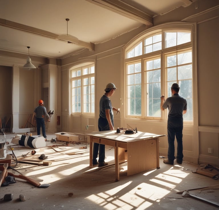A cityscape with a real estate sign in the foreground, prominently displaying the name and phone number. Surrounding the sign are various buildings with different architectural styles, some with scaffolding and green netting. The scene features a mix of older, worn structures alongside modern glass-fronted buildings. Power lines and construction materials add to the urban complexity.