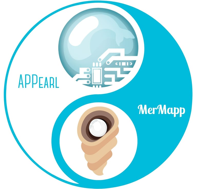 the logo of both MerMapp and Appearl together in a white and turqouise ying and yang graphic