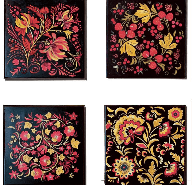 A set of four 12x12 paintings featuring Russian Khokhloma style designs