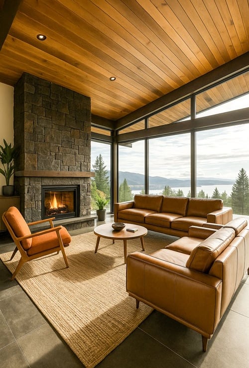 Mid-century living room with leather sofa set, wood ceiling, stone fireplace, and scenic windows.