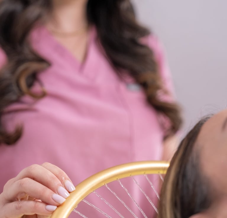 Professional aesthetician using a Japanese head spa water halo for a scalp treatment on a client.