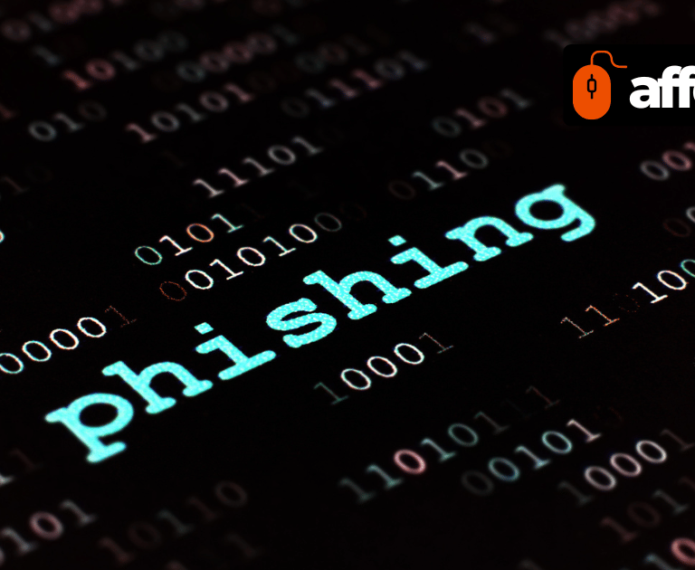 A cybersecurity graphic showing the word phishing over a digital background of binary code.