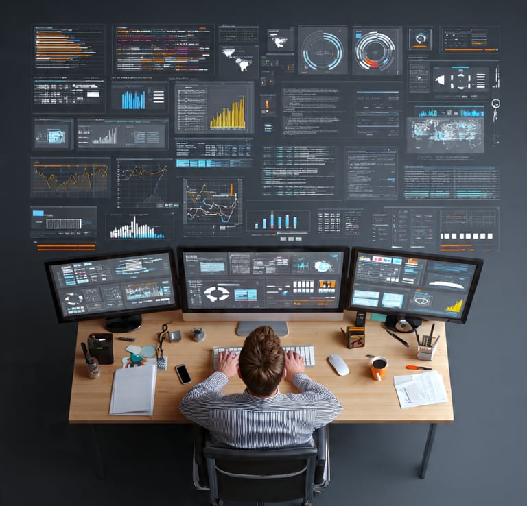 Analyst monitoring data analytics and software code on multiple computer monitors in a workstation.