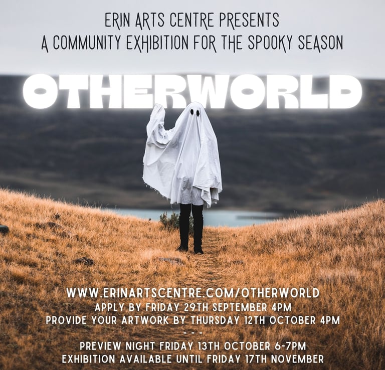 An ad for the Otherworld exhibition featuring a person in a white robe standing on a hill