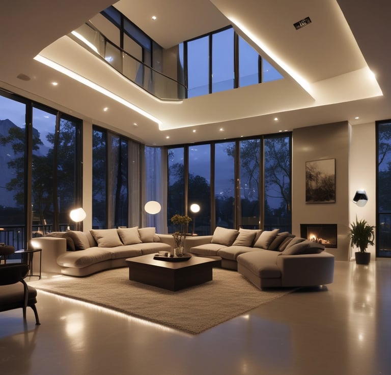 A sleek modern living room softly illuminated by warm LED panel lights.