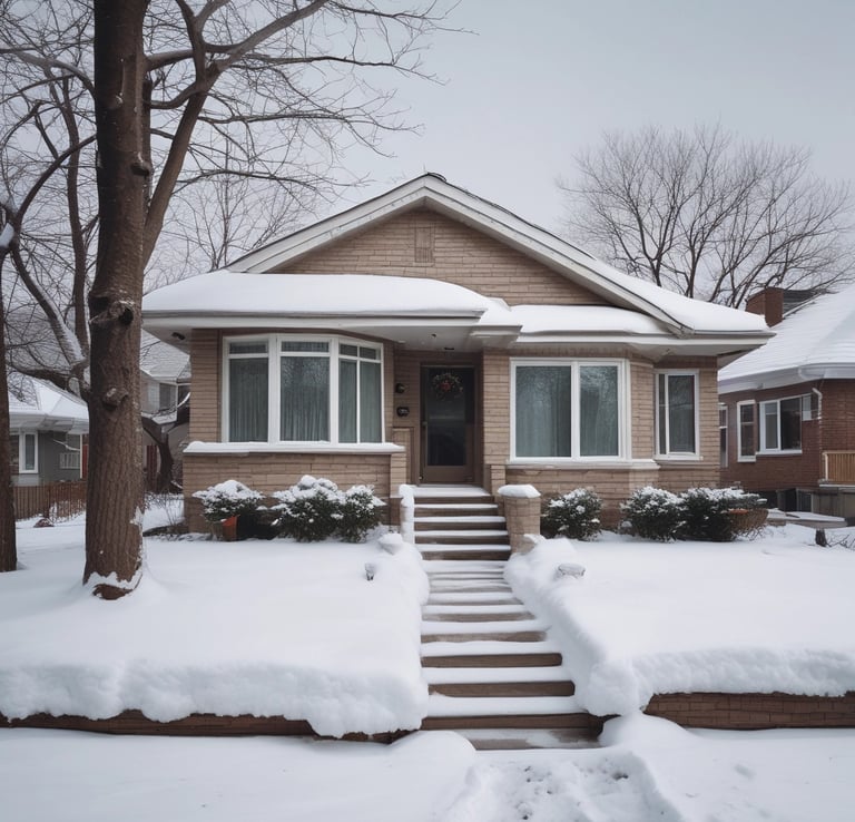 A charming two-story townhouse with a small front garden under a clear blue sky.