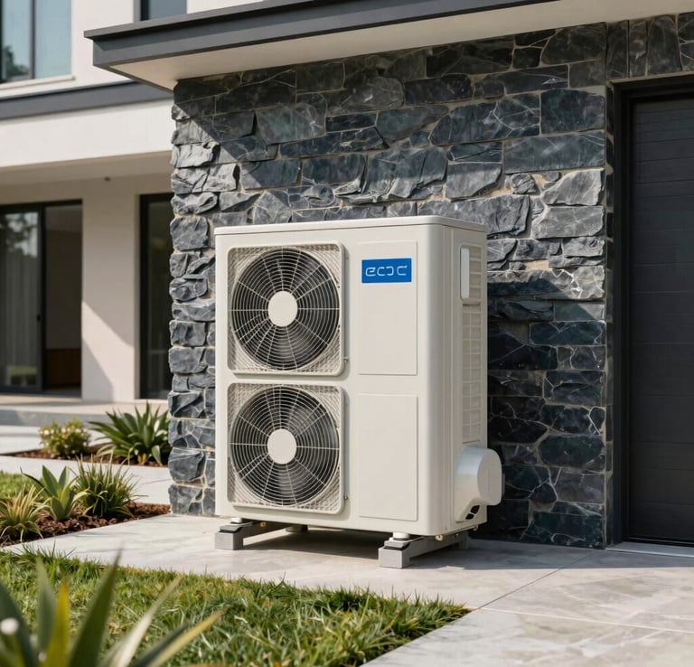 A sleek, modern residential exterior in North American and Australian architecture style. A clean, premium outdoor air conditioning compressor unit is neatly installed against a deep slate stone wall. Beautiful daylight, clean landscape design, highlighting professional quality and home comfort. Bright architectural photography.