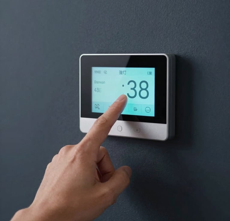 A close-up of a hand adjusting a modern, sleek digital smart thermostat on a clean deep slate wall. The display glow casts a soft teal and pale ice blue light, representing ultimate precision and reliable home temperature control. Sharp focus, clean modern interior, professional photography.