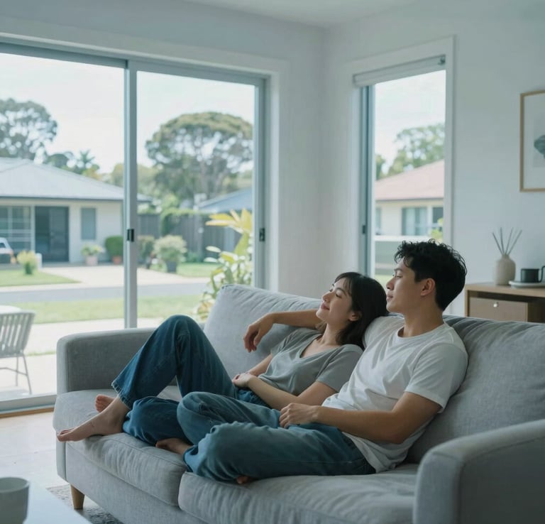 A couple relaxing on a cozy sofa in a beautifully cooled, bright living room, enjoying pure, refreshing air. Large clean windows show a sunny afternoon in a Global / North American and Australian suburb. The atmosphere is highly trustworthy and comfortable, rendered in soft slate blue and pale ice blue tones. Real-world professional lifestyle photography.