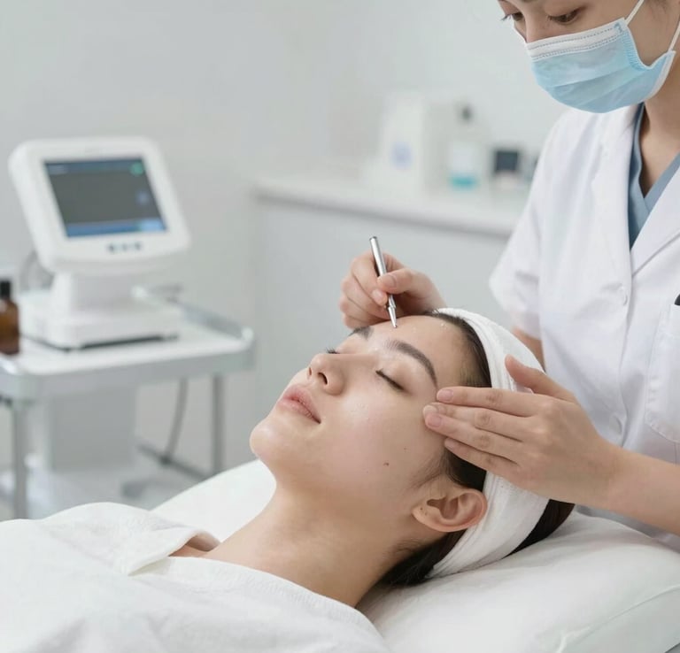 a man riding a skateboard down a street next to tall buildings