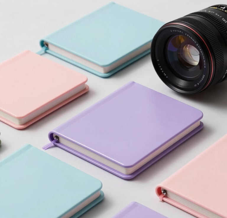 A high-quality studio photo of pastel-colored custom 3D printed objects and modern creative stationery notebooks with shiny lilac highlights.