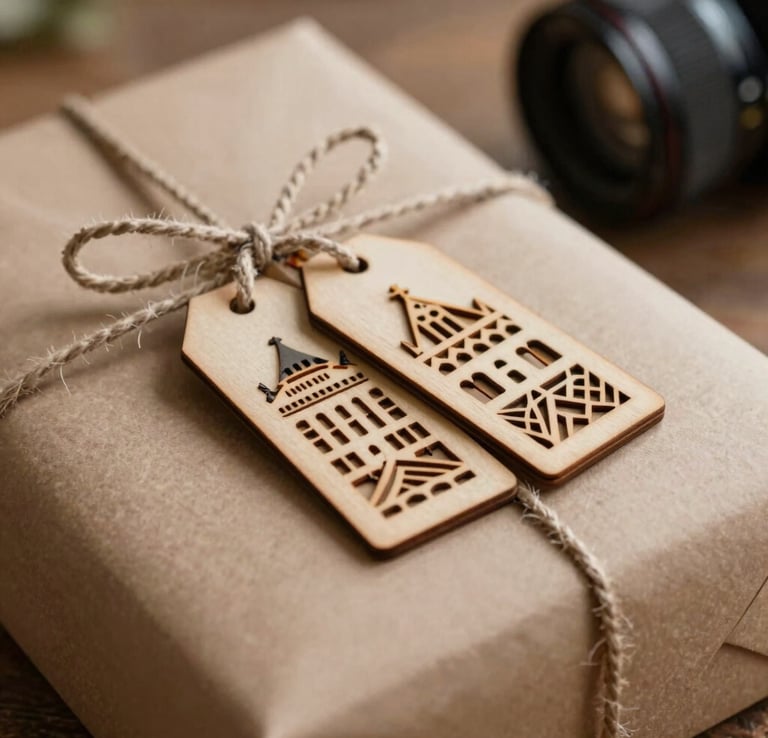 A close-up of beautifully personalized hand-made gift packaging with detailed laser-cut wooden gift tags in a cozy Portuguese home setting.
