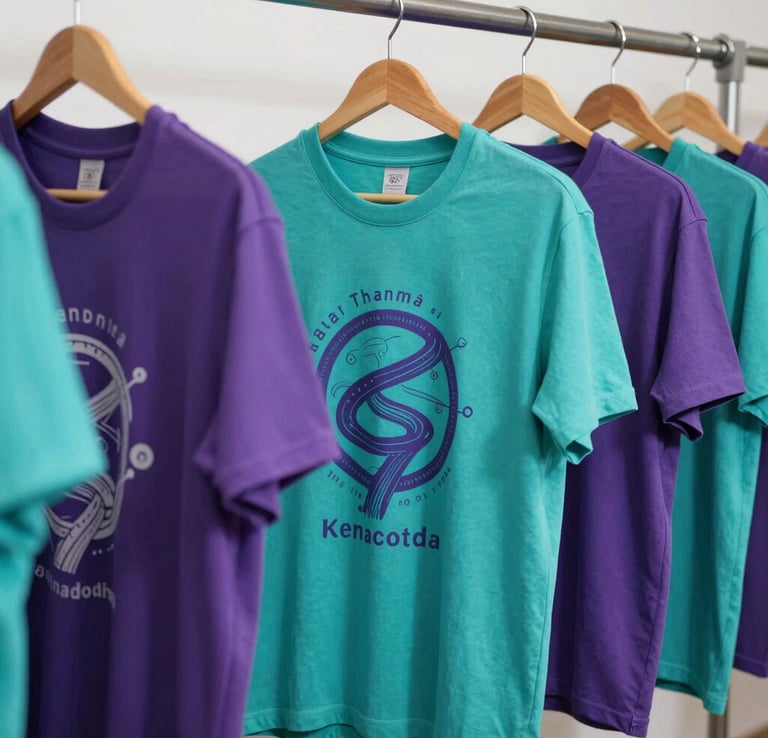 A bright display of custom-designed t-shirts featuring unique screenprints in vibrant turquoise and purple hues on a clean hanger.