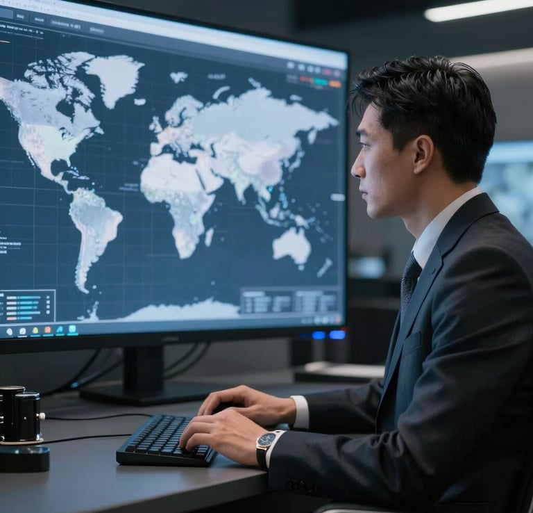 Business professional analyzing global market data on screen for international expansion planning