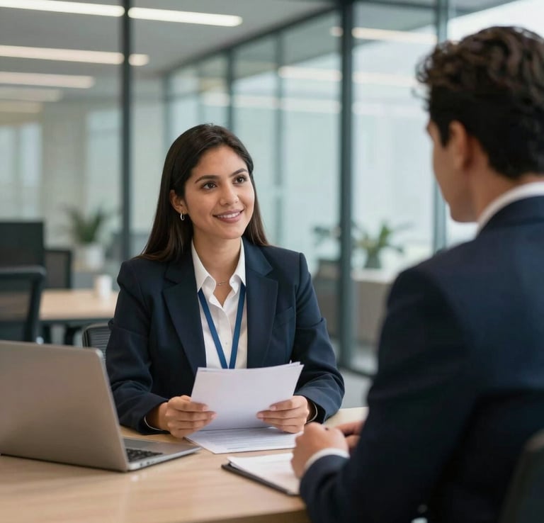 A Latin American / Hispanic Enterprise recruiter conducting a job interview with a candidate in a modern corporate glass office.