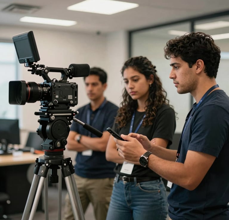 A professional video production crew capturing marketing content with cameras and studio light accents in a Latin American / Hispanic Enterprise corporate setting.