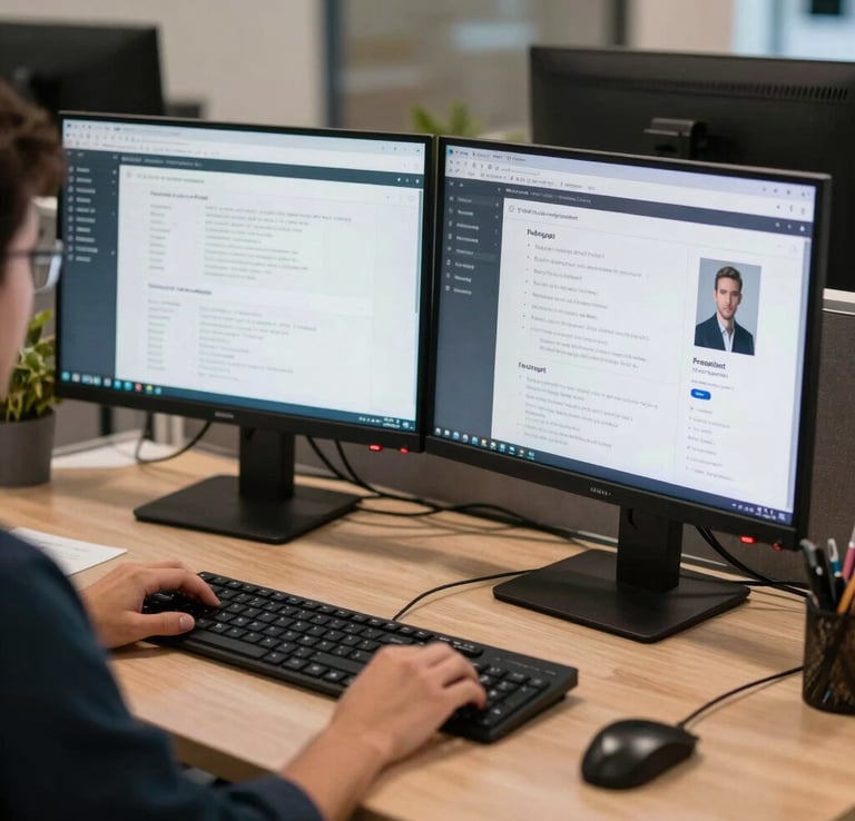 A digital graphic designer crafting modern brand UI layout prototypes on dual monitors in a high-tech Latin American / Hispanic Enterprise agency workspace.