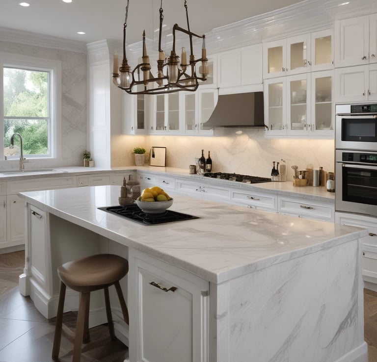 Close-up of a sleek marble kitchen countertop with subtle veining.