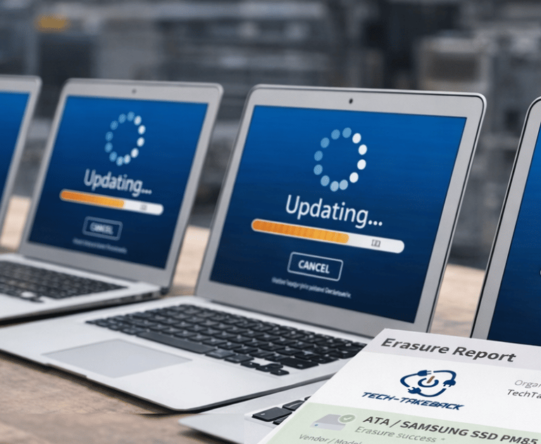 A photo showing a row of laptops updating, with a certificate of data erasure in the foreground