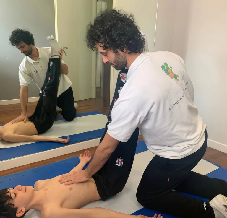 Fisioterapista esegue rieducazione posturale con metodo Mézières a Terni