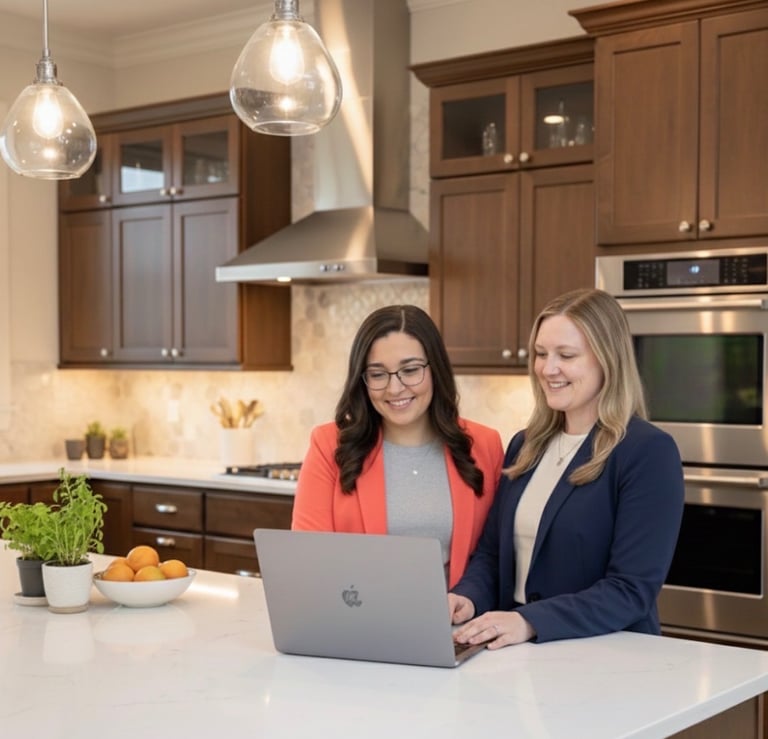 two women standing in front of a laptop computer