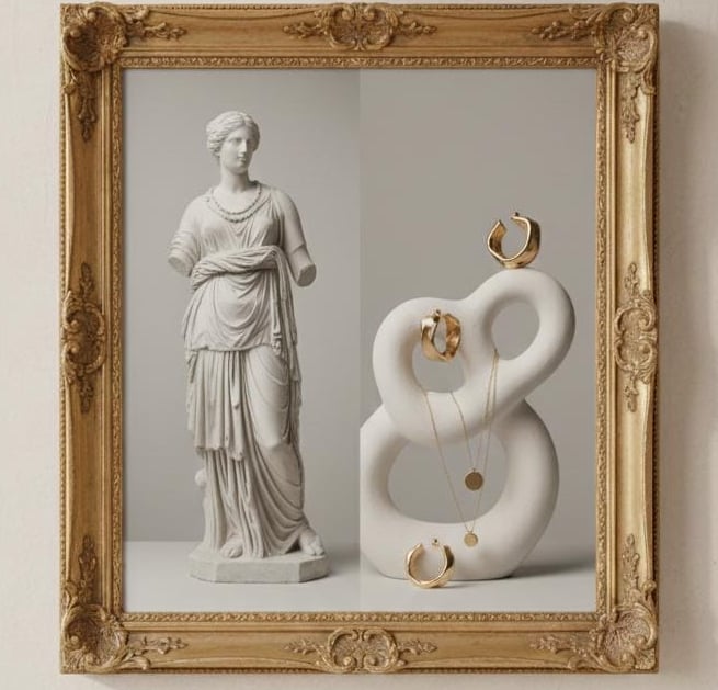 Joyería de oro y una estatua griega dentro de un marco ornamentado sobre una estantería minimalista