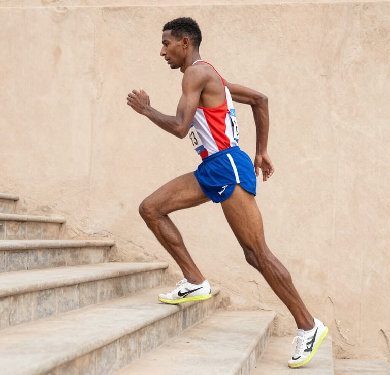 A runner lacing up shoes at dawn on a quiet Moroccan street.