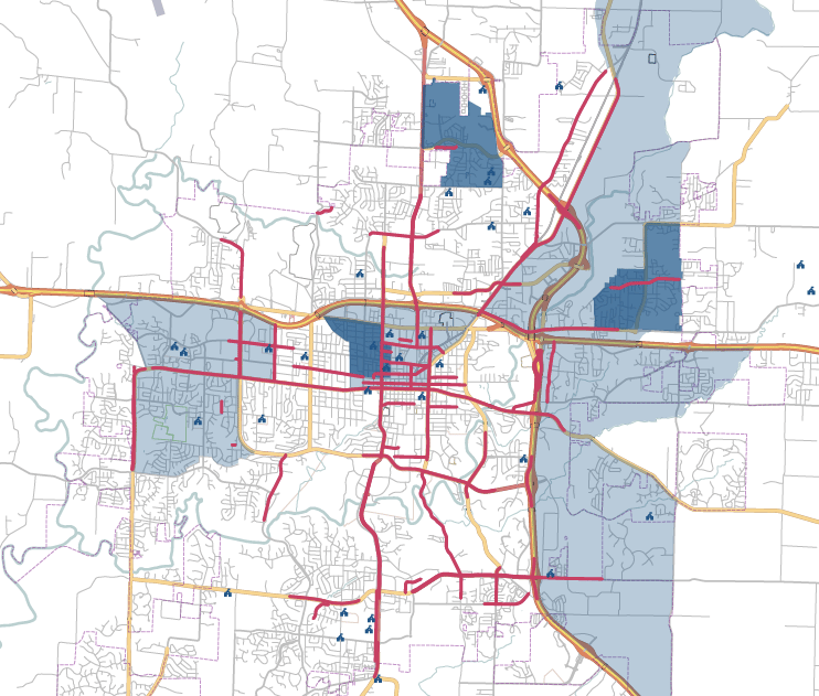 Map of Columbia, Missouri, with Vision Zero Neighborhoods highlighted