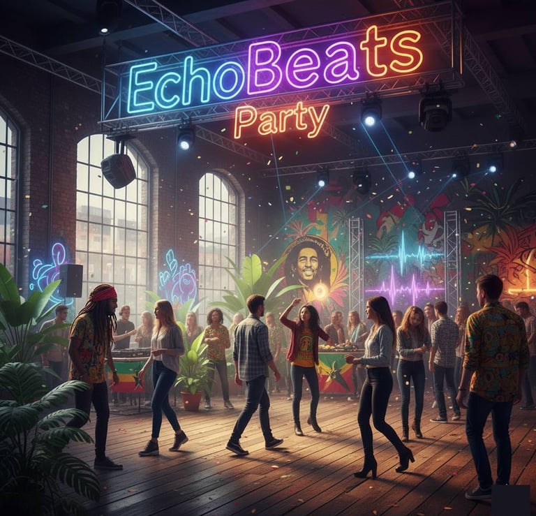 a group of people dancing in a room with neon lights