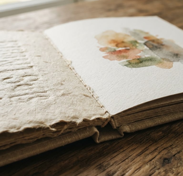 Macro shot of a high-end printed brand book, tactile paper textures, soft natural window light, muted earth tones, 50mm lens