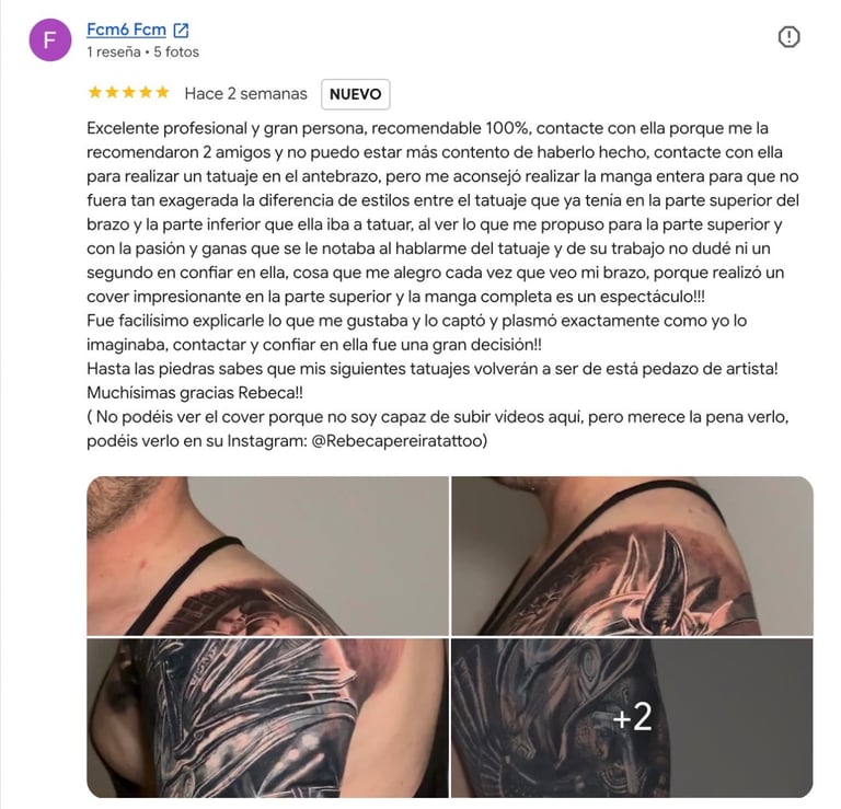 Testimonio de cliente satisfecho tras completar una manga de realismo realizada por Rebeca Pereira