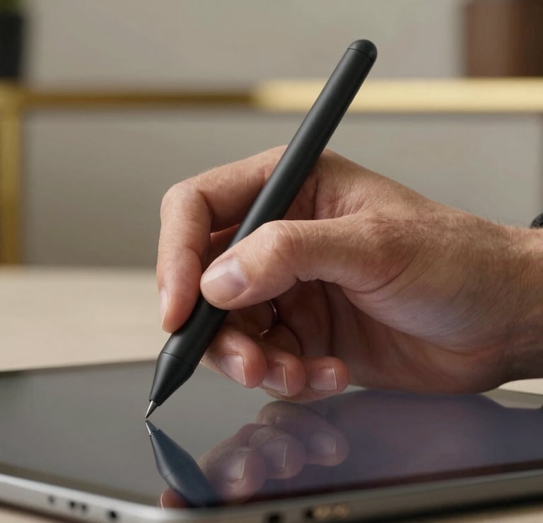 A close-up photograph of a professional hand in a tailored dark charcoal suit sleeve, holding a sleek matte black stylus over a high-tech tablet. The background is a blurred office interior with soft warm lighting and metallic brass accents.
