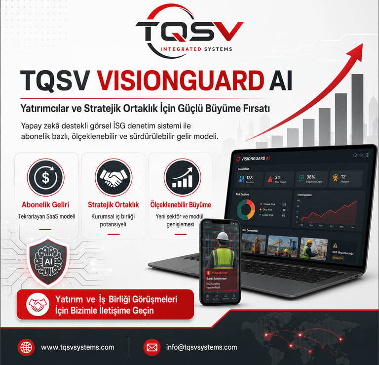 TQSV VisionGuard AI dashboard on laptop and mobile showing occupational safety risk analysis.