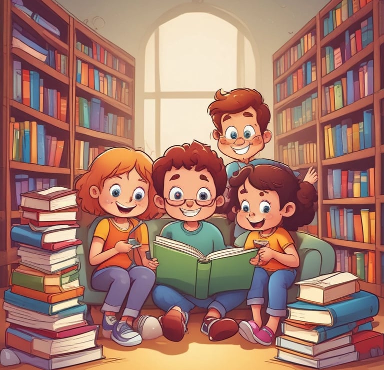 A whimsical scene of children reading a book together.