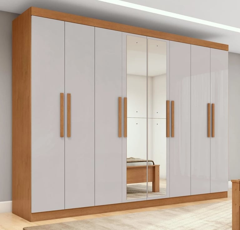 Guarda-roupa Casal Easy Slim 8 Portas Com Espelho Amendoa Clean/Off White