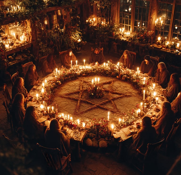 Cérémonie de yule : des femmes assises autour d'une table avec un pentacle, symbole des sorcières