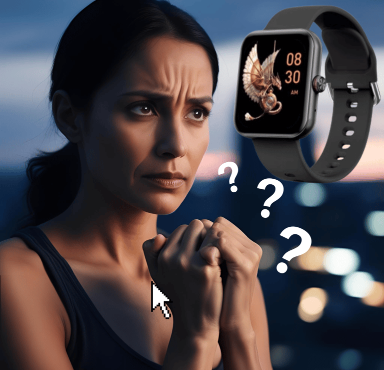 Mujer pensando si compra o no, un reloj inteligente