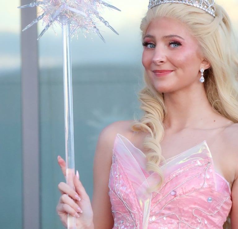 Beautiful performer in a pink princess gown and silver tiara holding a glittering crystal star wand.