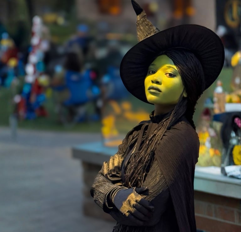 A beautiful performer dressed as a witch with  black costume and hat at a festival.
