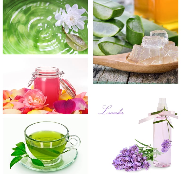 Organic Flowers waters Extracted: Rose flower, green tea,lavender, Alo vera gel