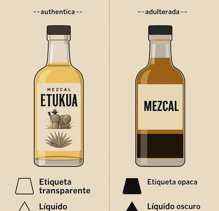 Infografía comparativa mostrando diferencias entre marcas de mezcal auténticas y adulteradas