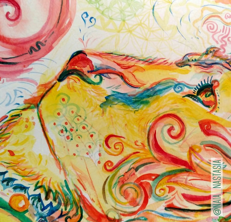 détails d'une Aquarelle aux tons orangés dans laquelle on peut distinguer un lion et un tas d'autres animaux plutôt endémique